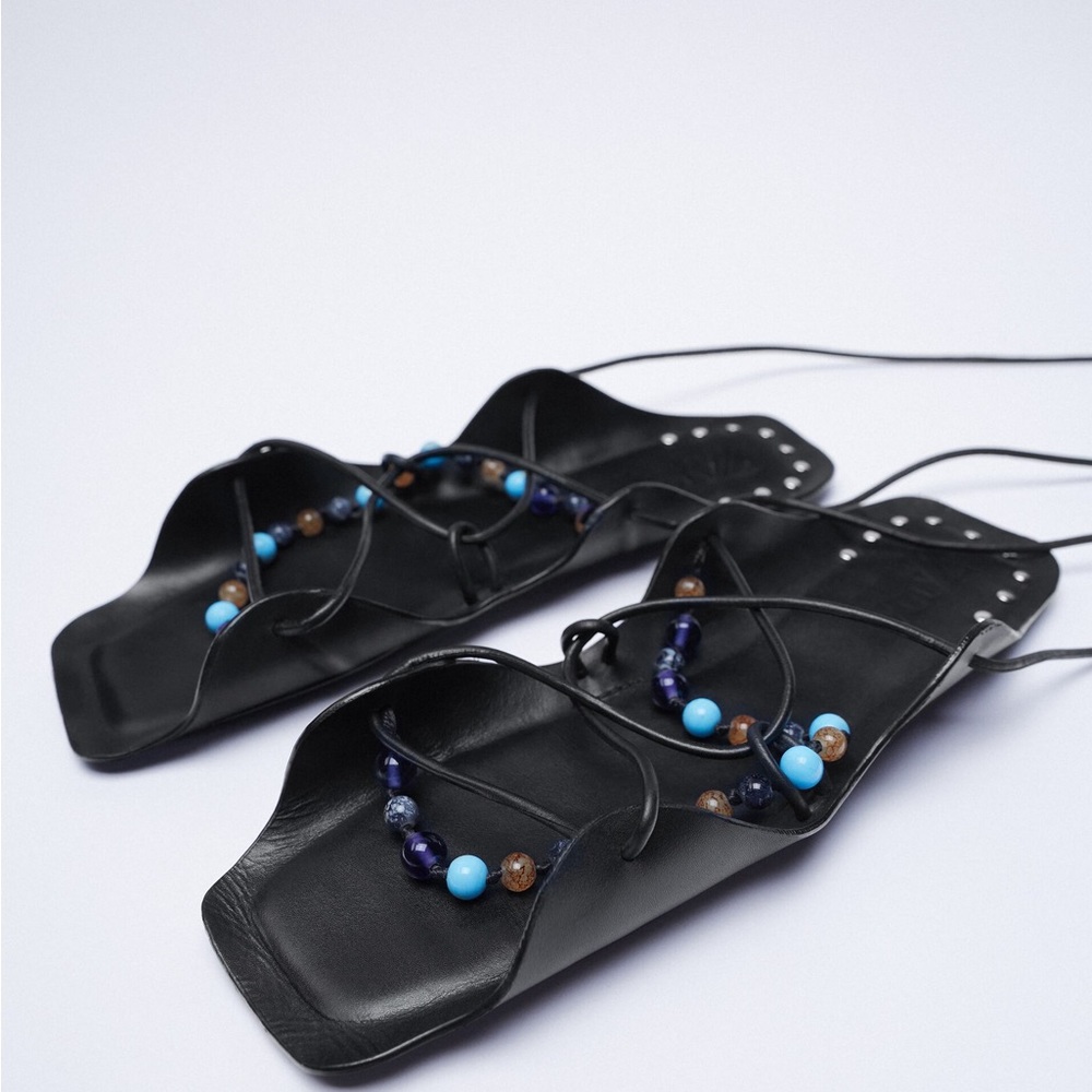 BNWT Zara Beaded Tied Black Leather Sandals